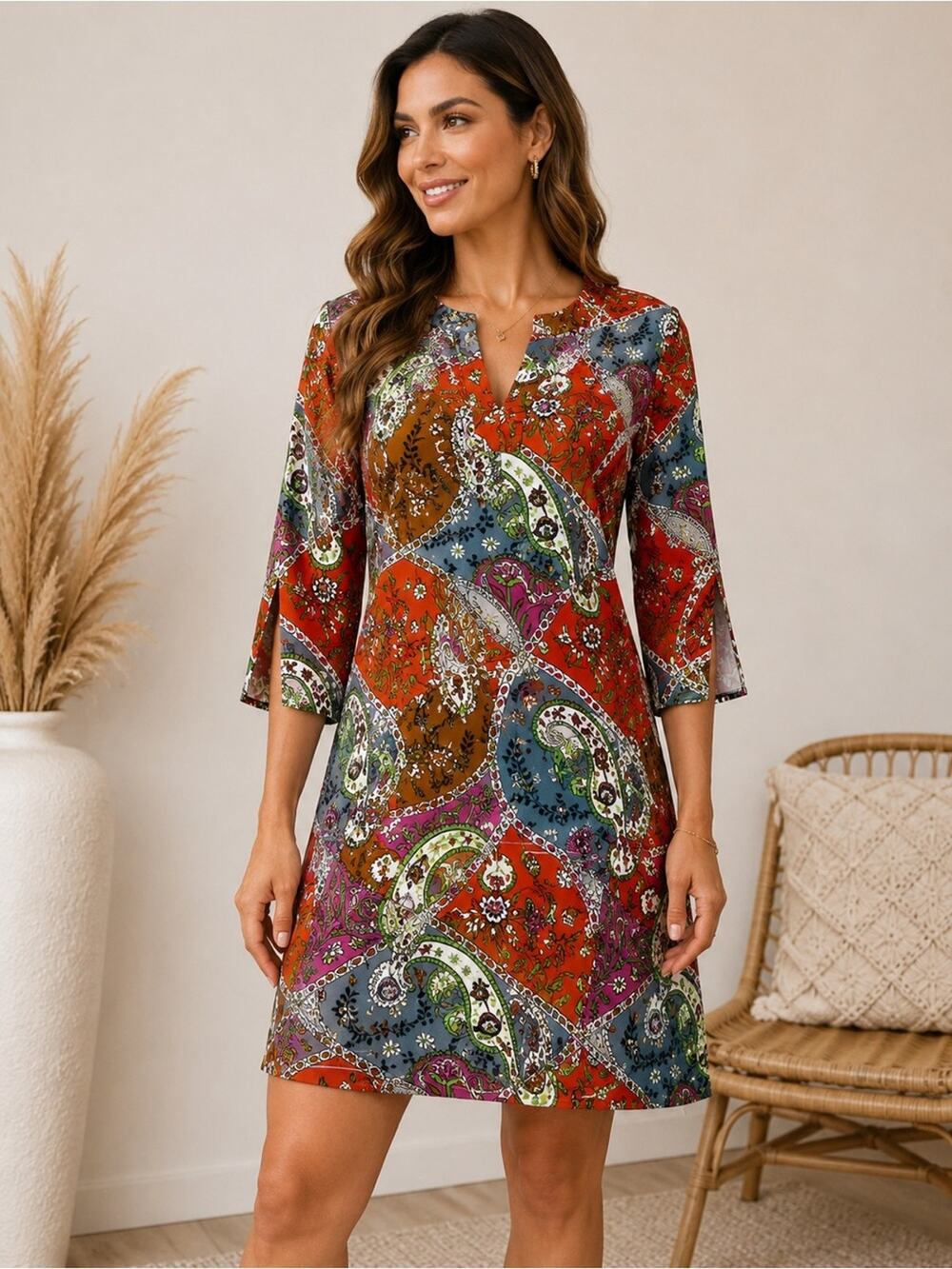 Jude Connally Paisley Print Shift Dress Bright Retro Mod Tunic Dress Size Medium